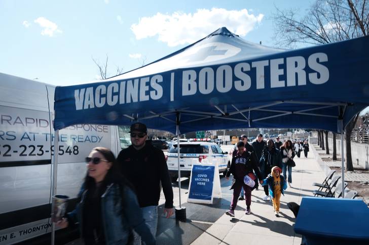 A Covid vaccine and testing site is set up outside of Yankee Stadium on the Opening Day of the season for the Yankees as they face off against rivals the Boston Red Sox in early spring. Mayor Eric Adams announced the city will no longer require private sector workers to get a vaccine.